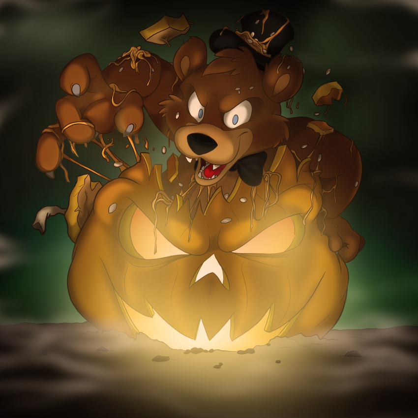 2018 absurd_res anthro bear digital_media_(artwork) five_nights_at_freddy's food freddy_(fnaf) fruit halloween hi_res holidays male mammal pumpkin tonycrynight video_games