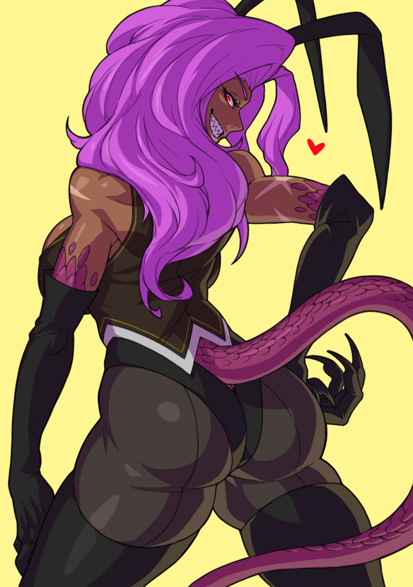 &lt;3 armwear big_breasts breasts brown_skin bunny_costume butt butt_pose claws clothed clothing costume elbow_gloves fake_bunny_ears female gloves grin hair humanoid hutago legwear long_hair purple_hair purple_scales rear_view scales scar sharp_teeth slit_pupils smile solo teeth thigh_highs tights