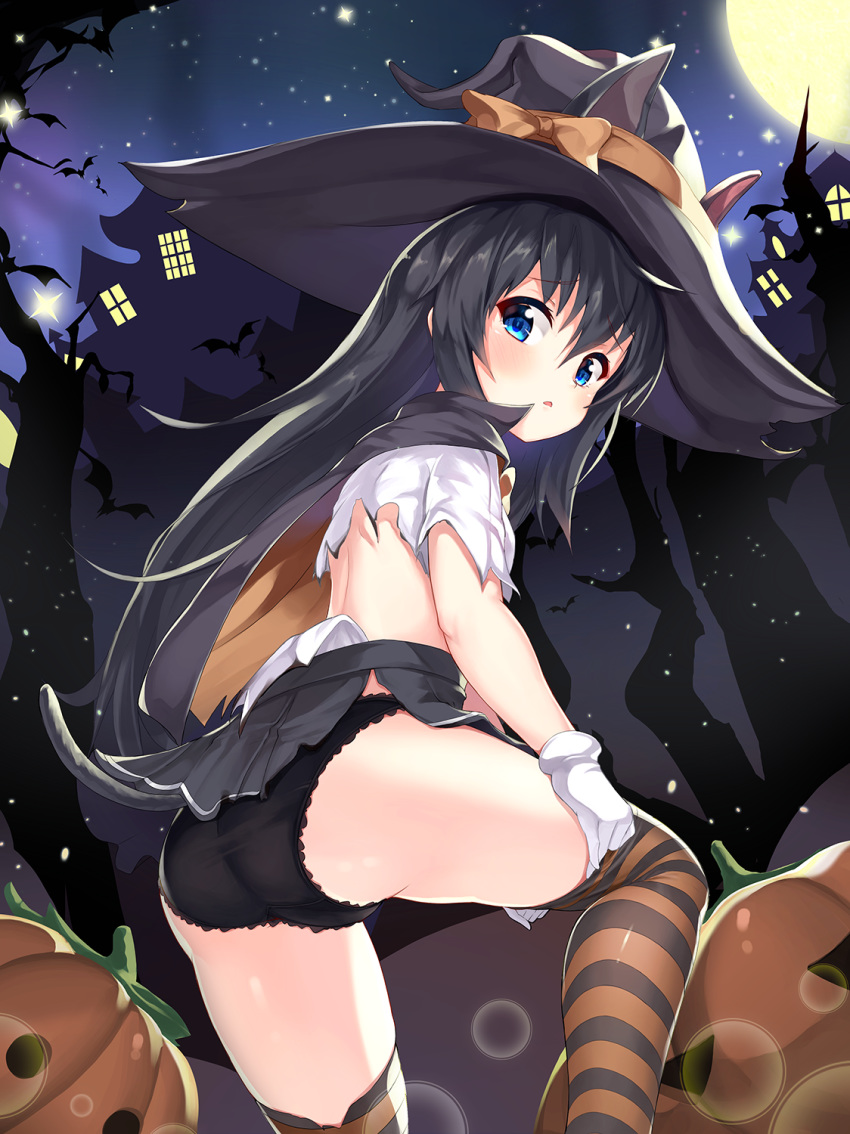 2drr animal_ears asashio_(kantai_collection) ass bangs black_cape black_hair black_hat black_panties blue_eyes blush bow cape cat_ears commentary_request ears_through_headwear eyebrows_visible_through_hair full_moon gloves grey_skirt hair_between_eyes hat hat_bow highres jack-o'-lantern kantai_collection long_hair looking_at_viewer looking_back moon multicolored multicolored_cape multicolored_clothes night night_sky orange_bow orange_cape outdoors panties parted_lips pleated_skirt shirt short_sleeves skirt sky solo star_(sky) starry_sky striped striped_legwear thighhighs torn_clothes torn_hat torn_shirt underwear undressing very_long_hair white_gloves white_shirt witch_hat