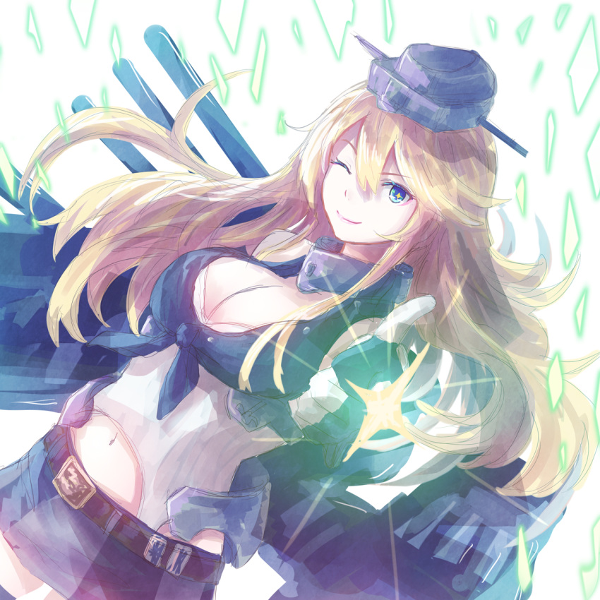 blonde_hair blue_eyes breasts cleavage commentary_request cowboy_shot dutch_angle fingerless_gloves gloves hair_between_eyes headgear highres iowa_(kantai_collection) kantai_collection large_breasts long_hair looking_at_viewer midriff miniskirt navel one_eye_closed skirt smile star star-shaped_pupils symbol-shaped_pupils thighhighs yomi_(yomi14_pyaon)