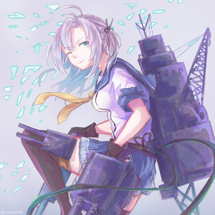blue_eyes boots breasts brown_gloves brown_legwear from_side gloves grey_hair hair_ribbon highres holding_turret kantai_collection kinugasa_(kantai_collection) kneeling large_breasts looking_at_viewer machinery necktie one_eye_closed remodel_(kantai_collection) ribbon school_uniform serafuku short_sleeves side_ponytail smile thigh_boots thighhighs turret yellow_neckwear yomi_(yomi14_pyaon)