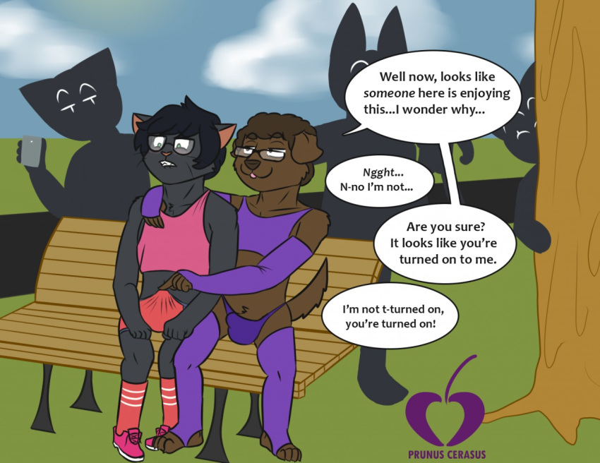anthro arm_warmers armwear bulge canine cat clothed clothing dialogue erection eyewear feline girly glasses humiliation legwear male male/male mammal nate_(character) prunuscerasus_(artist) public sitting teasing tenting text thigh_highs watermark