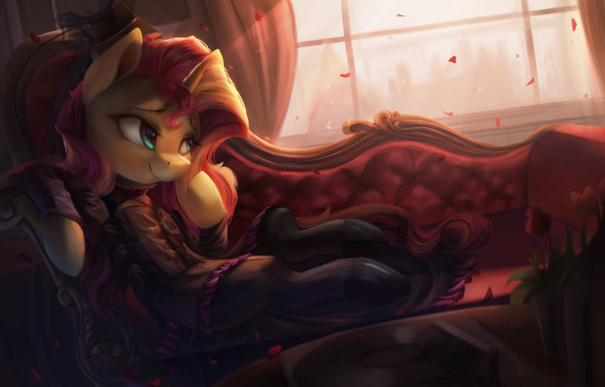 2018 absurd_res clothed clothing curtains detailed_background equestria_girls equine female hi_res horn inside mammal my_little_pony petals plant potted_plant solo sunset_shimmer_(eg) unicorn vanillaghosties