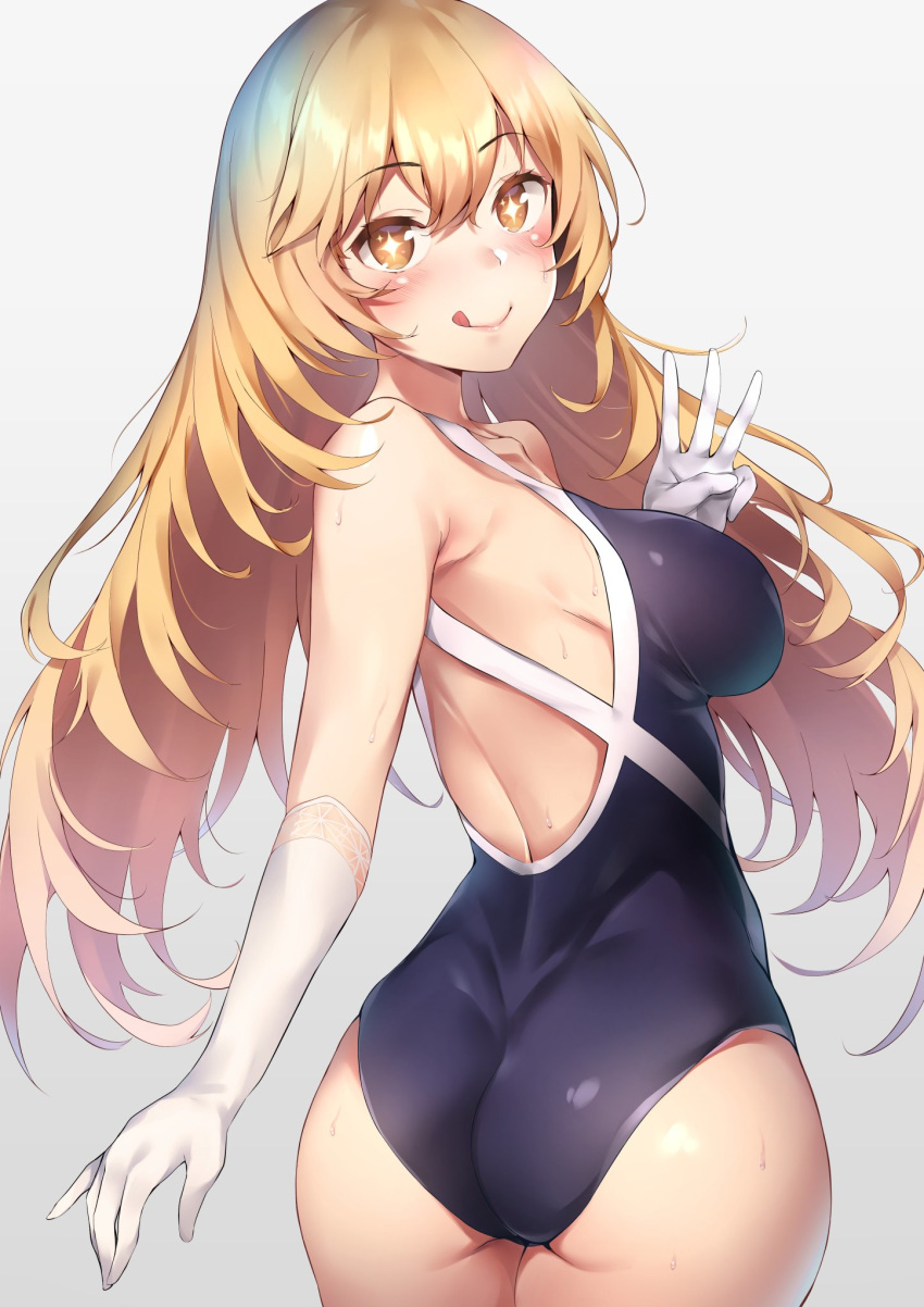 1girl :q ass bangs bare_back blonde_hair blush breasts closed_mouth competition_school_swimsuit cowboy_shot elbow_gloves eyebrows_visible_through_hair gloves grey_background highres lace lace-trimmed_gloves large_breasts long_hair looking_at_viewer looking_back middle_w new_school_swimsuit one-piece_swimsuit school_swimsuit shokuhou_misaki simple_background smile solo spider_web_print swimsuit symbol-shaped_pupils to_aru_kagaku_no_railgun to_aru_majutsu_no_index tongue tongue_out usa_b w white_gloves yellow_eyes