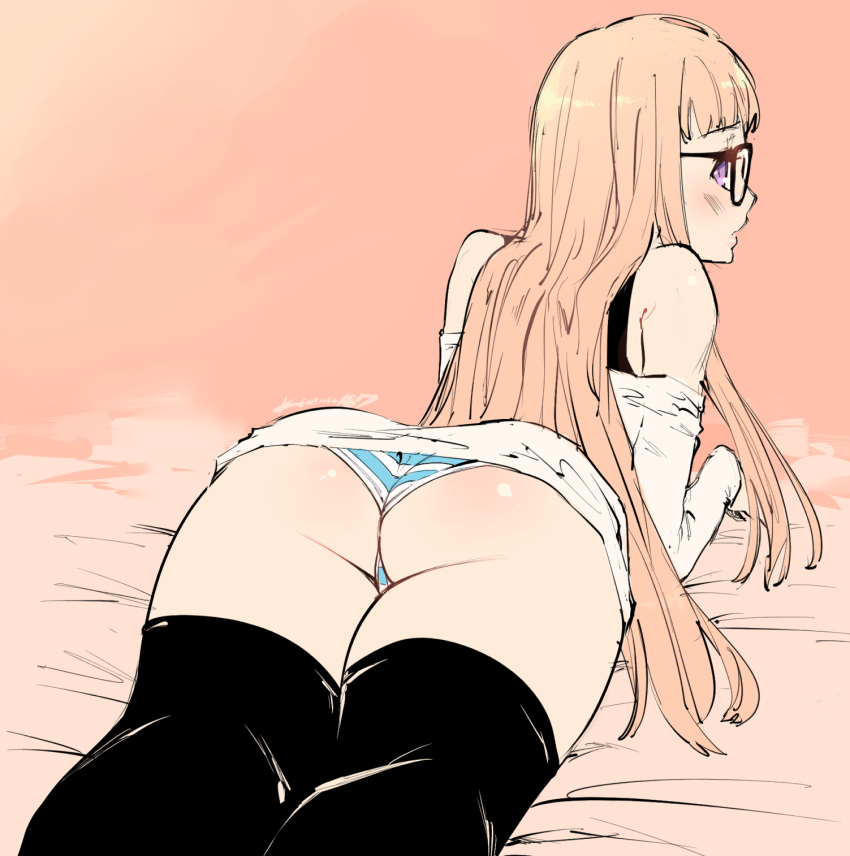 ass black-framed_eyewear black_legwear blush commentary english_commentary from_behind glasses highres kenshin187 long_hair looking_at_viewer looking_back lying off-shoulder_shirt on_stomach orange_hair panties parted_lips persona persona_5 plump profile purple_eyes sakura_futaba shirt sidelocks solo striped striped_panties thighhighs underwear