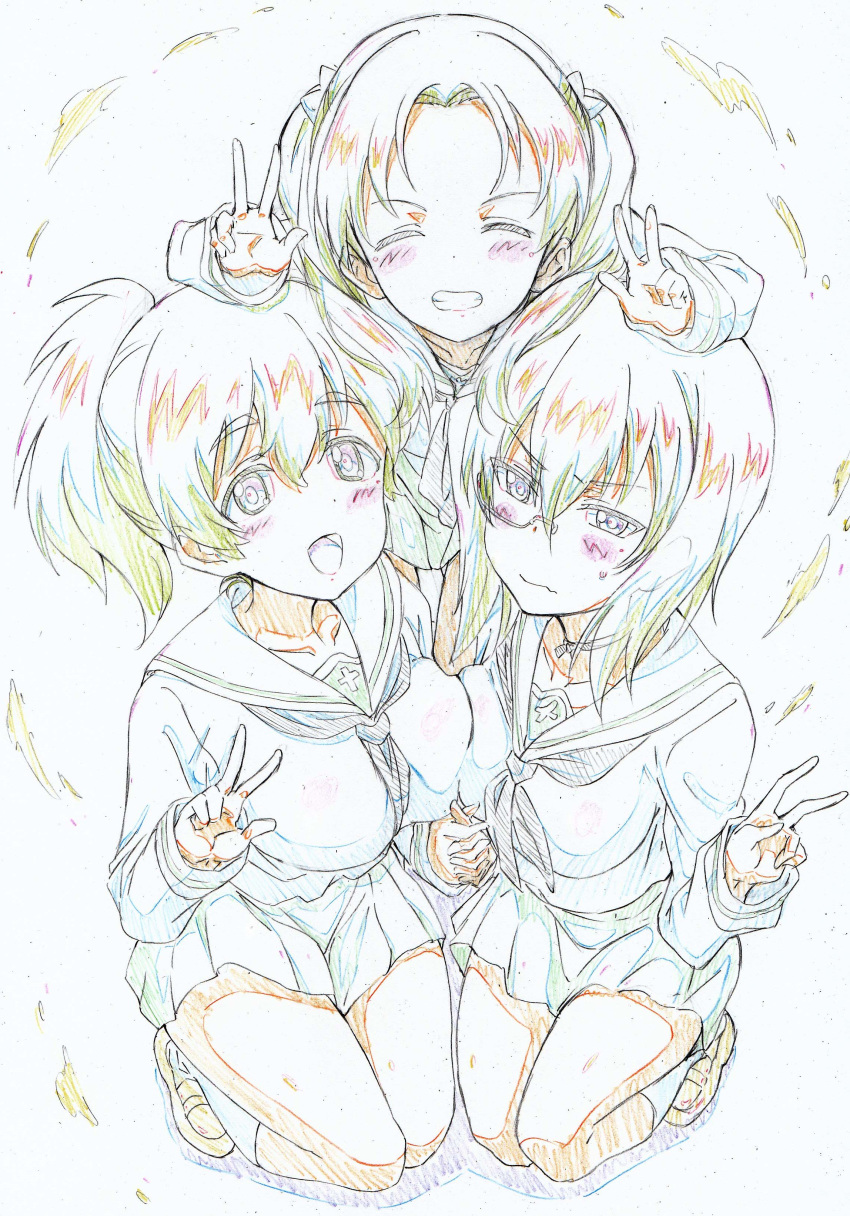 :d absurdres asymmetrical_docking bangs black_choker black_eyes black_hair black_neckwear black_ribbon blouse blush bow breast_conscious breast_press brown_footwear brown_hair choker color_trace colored_pencil_(medium) commentary_request double_w eyebrows_visible_through_hair frown full_body girls_und_panzer green_skirt grin hair_bow hair_ribbon highres holding_hands kadotani_anzu kawashima_momo kitazinger kneeling koyama_yuzu leaning_forward loafers long_hair long_sleeves looking_at_viewer miniskirt monocle multiple_girls neckerchief ooarai_school_uniform open_mouth pleated_skirt ribbon ribbon_choker school_uniform semi-rimless_eyewear serafuku shadow shoes short_hair short_ponytail skirt smile socks standing sweatdrop traditional_media under-rim_eyewear v w wavy_mouth white_blouse white_legwear