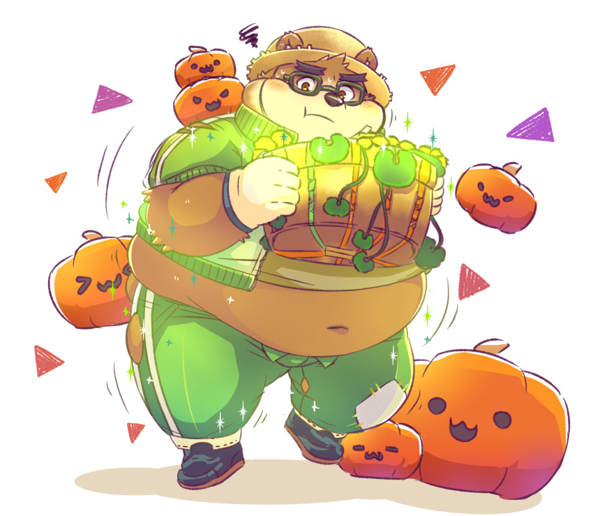 anthro bear blush brown_fur clothed clothing eyewear food fruit fur glasses gloves hat humanoid_hands male mammal natamaru_a overweight overweight_male pants pumpkin simple_background solo straw_hat tokyo_afterschool_summoners volos white_background