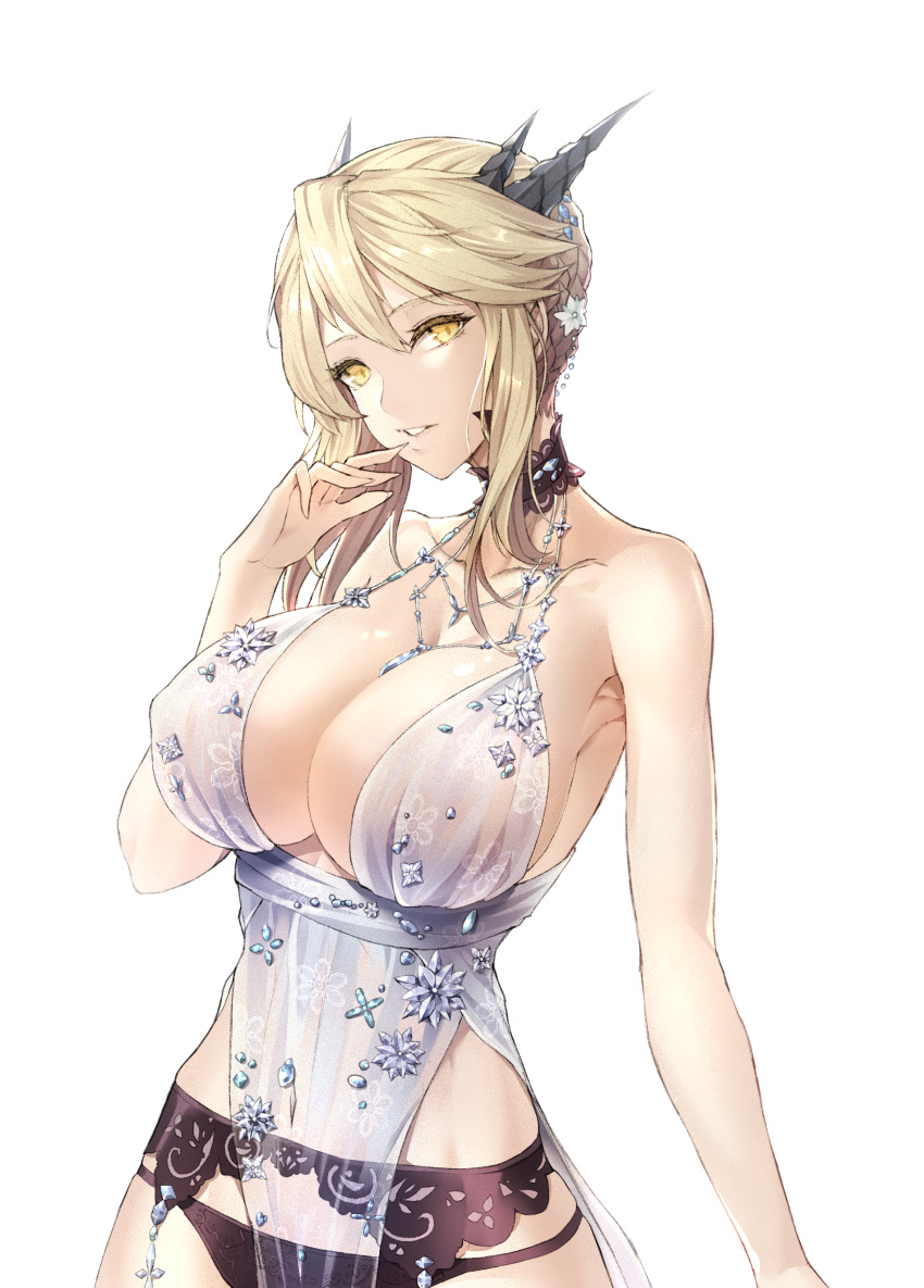 absurdres alternate_costume artoria_pendragon_(all) artoria_pendragon_(lancer_alter) babydoll bare_shoulders black_panties blonde_hair braid breasts choker cleavage collarbone covered_nipples cowboy_shot craft_essence dark_persona diamond fate/grand_order fate_(series) finger_to_mouth french_braid garter_belt hair_between_eyes hair_ornament highres jewelry large_breasts limeblock lingerie looking_at_viewer necklace panties revealing_clothes royal_icing sapphire_(stone) see-through sidelocks solo underwear yellow_eyes