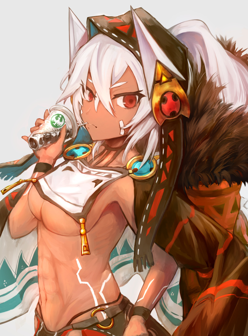 abs azur_lane bangs bodypaint breasts check_commentary cloak coffee coffee_cup commentary commentary_request crop_top crop_top_overhang cup dark_skin disposable_cup drinking_straw from_side fur-trimmed_cloak grey_background hair_between_eyes halterneck hand_on_hip highres hood looking_at_viewer midriff minneapolis_(azur_lane) native_american navel open_clothes parupaka ponytail red_eyes revealing_clothes sideboob simple_background solo toned underboob white_hair