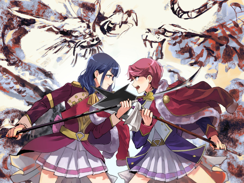 bangs blue_hair cowboy_shot dragon earrings fighting_stance from_side hanayagi_kaoruko highres holding holding_weapon isurugi_futaba jacket_on_shoulders jewelry multiple_girls naginata naizo_(kimosugimasu) open_mouth pleated_skirt polearm poleaxe red_hair sash short_hair shoujo_kageki_revue_starlight skirt sumi-e swept_bangs tassel tiger v-shaped_eyebrows waist_cape weapon