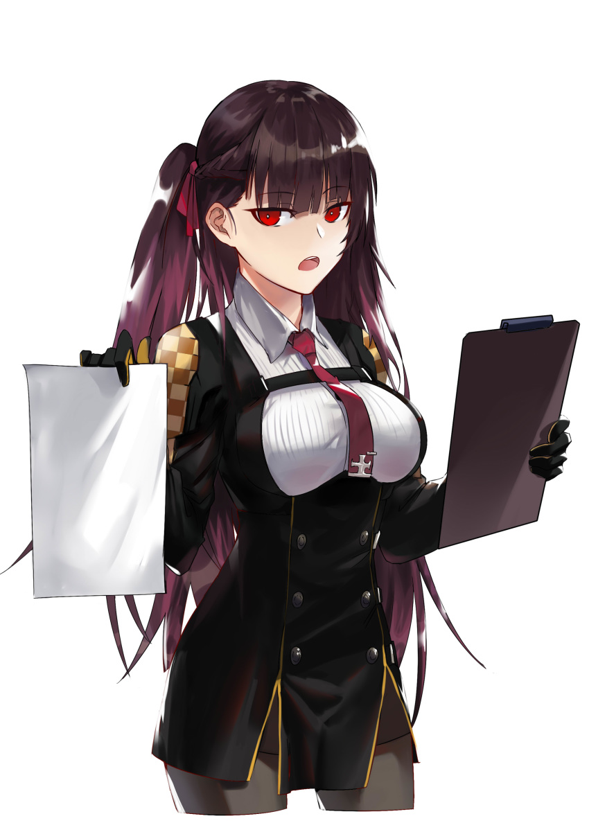 absurdres bangs black_legwear black_skirt blazer blush breasts clipboard collared_shirt commentary_request cropped_legs eyebrows_visible_through_hair framed_breasts girls_frontline gloves hair_ribbon half_updo high-waist_skirt highres holding holding_clipboard holding_paper jacket large_breasts long_hair looking_at_viewer necktie one_side_up open_mouth pantyhose paper pelvic_curtain purple_hair red_eyes red_neckwear red_ribbon ribbon shirt simple_background skirt solo striped striped_shirt very_long_hair wa2000_(girls_frontline) white_background xiaozilongjiang