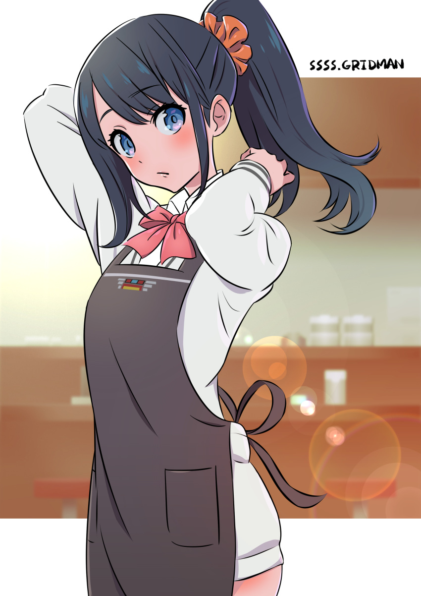 absurdres alternate_hairstyle apron bangs black_apron black_hair blue_eyes blurry blurry_background blush bow cardigan copyright_name eyebrows_visible_through_hair highres indoors lens_flare long_hair long_sleeves looking_at_viewer mushiki_k orange_scrunchie ponytail red_bow scrunchie shirt solo ssss.gridman sweater takarada_rikka tying_hair white_shirt white_sweater