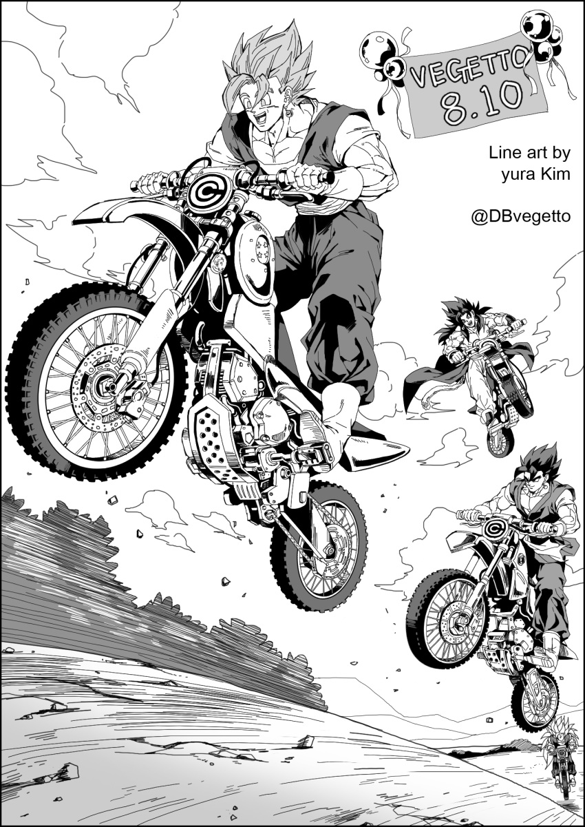 artist_name black_border border character_name chest dated dougi dragon_ball dragon_ball_super dragon_ball_z earrings fusion gloves gogetto greyscale ground_vehicle highres jewelry kim_yura_(goddess_mechanic) male_focus monkey_tail monochrome motor_vehicle motorcycle multiple_boys multiple_persona muscle open_mouth potara_earrings shirtless smile super_saiyan_3 super_saiyan_blue tail twitter_username vegetto