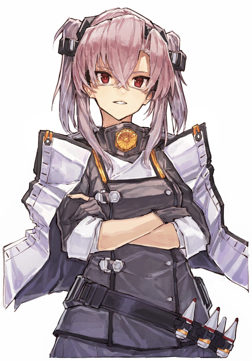 air_qh alternate_skin_color belt black_gloves breasts capelet commentary_request crossed_arms glasses gloves hair_between_eyes headgear highres kantai_collection looking_at_viewer loose_belt medium_hair musashi_(kantai_collection) partly_fingerless_gloves red_eyes remodel_(kantai_collection) semi-rimless_eyewear solo twintails two_side_up type_91_armor-piercing_shell under-rim_eyewear upper_body white_background