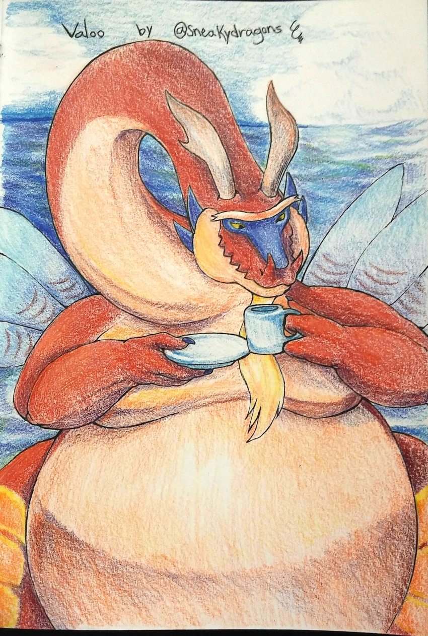 belly beverage big_belly claws dragon facial_hair goatee hi_res horn long_neck moobs nintendo overweight scalie sneakydragons solo the_legend_of_zelda traditional_media_(artwork) unibrow valoo video_games wind_waker wings