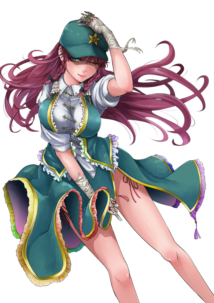 ;) absurdres arm_up bandaged_hands bandages bare_legs black_bow blood bow braid breasts closed_eyes collared_shirt green_eyes green_hat green_skirt green_vest hair_bow hand_on_own_head hat highres hong_meiling large_breasts light_smile lips long_hair looking_at_viewer omigawa_namari one_eye_closed open_clothes open_vest red_hair shirt short_sleeves simple_background skirt skirt_tug smile solo star touhou twin_braids vest white_background white_shirt wing_collar