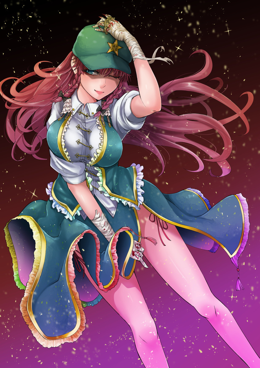 ;) absurdres arm_up bandaged_hands bandages bare_legs black_background black_bow blood bow braid breasts closed_eyes collared_shirt gradient gradient_background green_eyes green_hat green_skirt green_vest hair_bow hand_on_own_head hat highres hong_meiling large_breasts light_smile lips long_hair looking_at_viewer omigawa_namari one_eye_closed open_clothes open_vest red_background red_hair shirt short_sleeves skirt skirt_tug smile solo star touhou twin_braids vest white_shirt wing_collar
