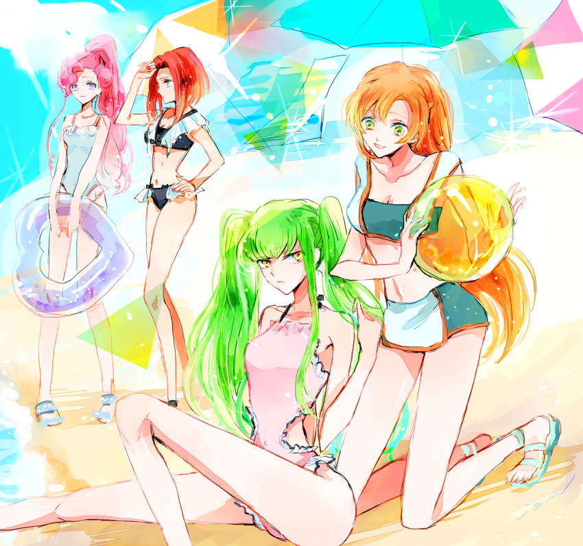 alternate_costume alternate_hairstyle bare_arms bare_legs bare_shoulders beach bikini blue_eyes breasts c.c. casual_one-piece_swimsuit cleavage code_geass collarbone commentary_request euphemia_li_britannia frilled_swimsuit frills green_eyes green_hair high_ponytail highres ilohasvio kallen_stadtfeld long_hair long_legs midriff multiple_girls nail_polish navel one-piece_swimsuit orange_hair outdoors pink_hair ponytail purple_eyes red_hair red_nails shirley_fenette short_hair smile swimsuit twintails very_long_hair yellow_eyes