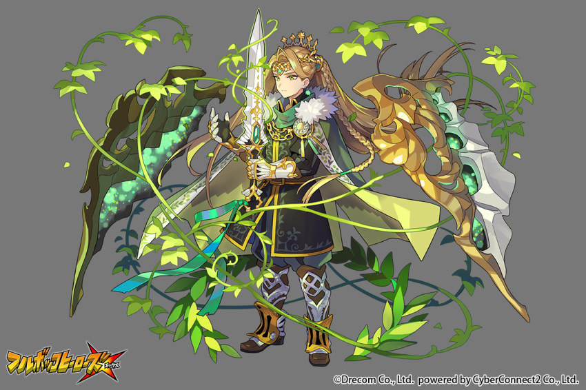 boots braid cape circlet company_name copyright_name full_body fullbokko_heroes fur_trim gauntlets greaves green_cape grey_background holding holding_sword holding_weapon long_hair official_art plant pota_(bluegutty) solo sword very_long_hair vines weapon