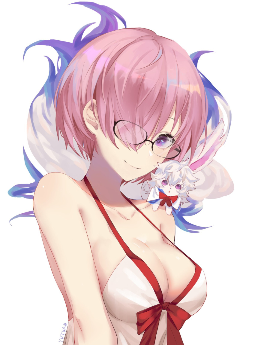 animal animal_on_shoulder artist_name black-framed_eyewear breasts cleavage collarbone fate/grand_order fate_(series) fou_(fate/grand_order) glasses hair_over_one_eye highres liyuchen1126 looking_at_viewer mash_kyrielight medium_breasts pink_hair purple_eyes shiny shiny_hair short_hair sideboob simple_background sleeves solo upper_body white_background