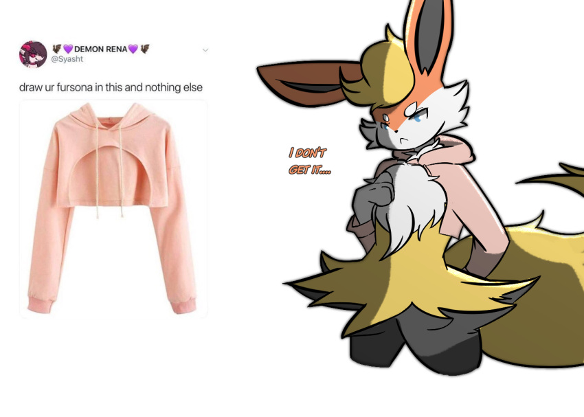 ambiguous_gender blaketheflareon blaketheflareon_(character) blue_eyes braixen clothed clothing dialogue digital_media_(artwork) eeveelution english_text fak&eacute;mon fan_character flareon fur hybrid mammal meme nintendo pink_clothing pink_topwear pok&eacute;mon pok&eacute;mon_(species) semi-anthro skimpy text twitter_hoodie video_games