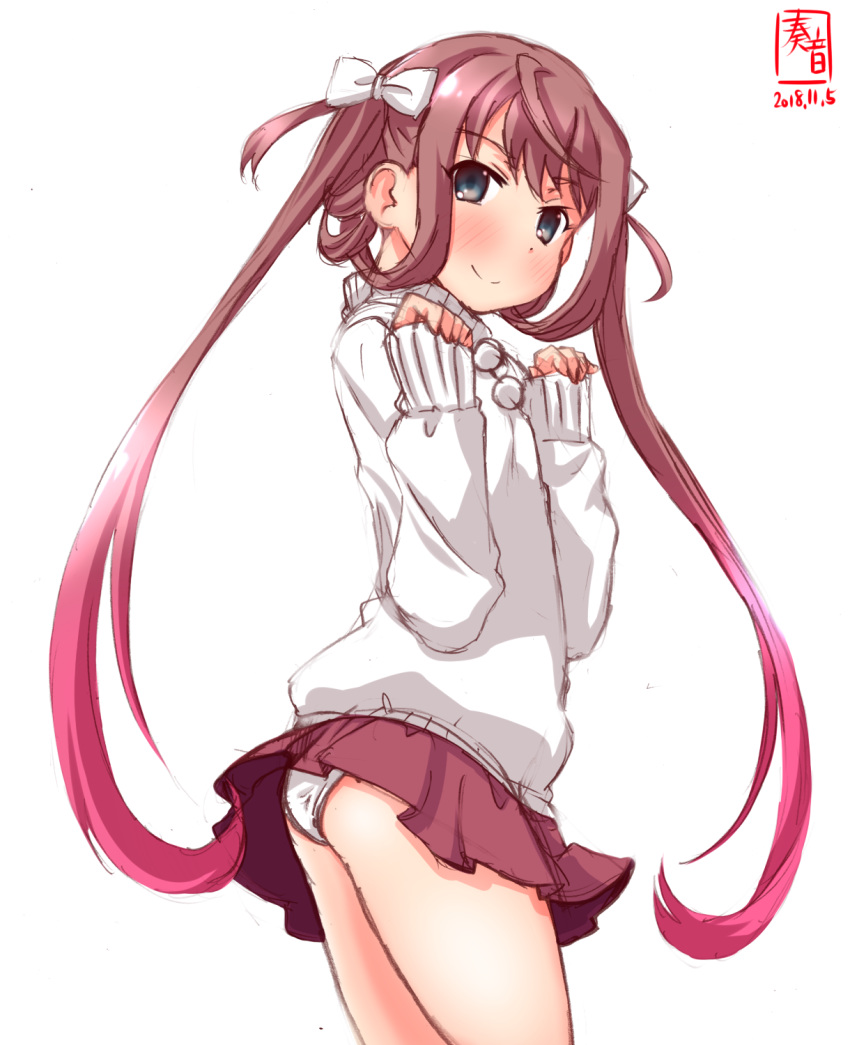 alternate_costume artist_logo asagumo_(kantai_collection) ass back blush bow brown_hair commentary_request dated eyebrows_visible_through_hair grey_eyes hair_between_eyes hair_bow hair_ribbon highres kanon_(kurogane_knights) kantai_collection long_hair long_sleeves looking_at_viewer panties pantyshot pleated_skirt red_skirt ribbon signature silver_eyes simple_background skirt skirt_lift sleeves_past_wrists smile solo standing sweater turtleneck turtleneck_sweater twintails underwear white_background white_bow white_panties white_ribbon white_sweater