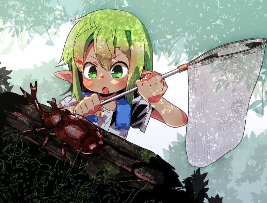 1girl beetle blonde_hair bug dappled_sunlight female green_eyes hair_ornament hairclip highres insect nature net open_mouth original outdoors pointy_ears sanzui solo sunlight zakuro_(sanzui)