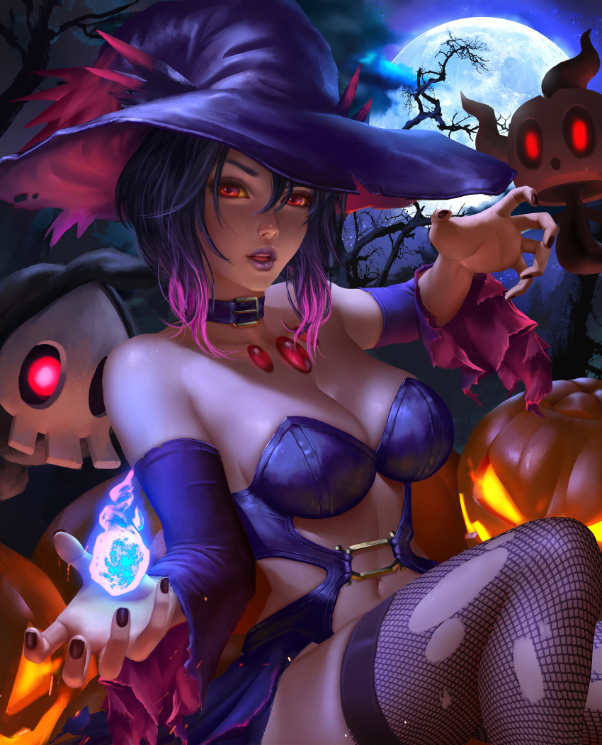 anthropomorphization cleavage dress fishnets halloween logan_cure mismagius pokemon witch