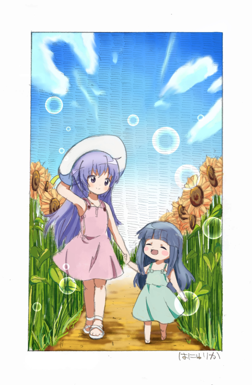 absurdres arm_up armpits blue_hair blush_stickers child closed_eyes cloud commentary_request day dress flower full_body furude_rika hand_on_headwear hanyuu hat highres higurashi_no_naku_koro_ni holding_hands kototoki long_hair multiple_girls open_mouth outdoors pink_dress purple_eyes purple_hair sandals sketch sky smile sun_hat sundress sunflower traditional_media walking younger