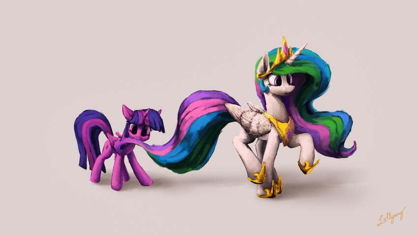 2018 crown duo equine feathered_wings feathers female feral friendship_is_magic grey_background hair horn jewelry lolliponybrony long_hair mammal multicolored_hair my_little_pony necklace princess_celestia_(mlp) simple_background smile twilight_sparkle_(mlp) winged_unicorn wings