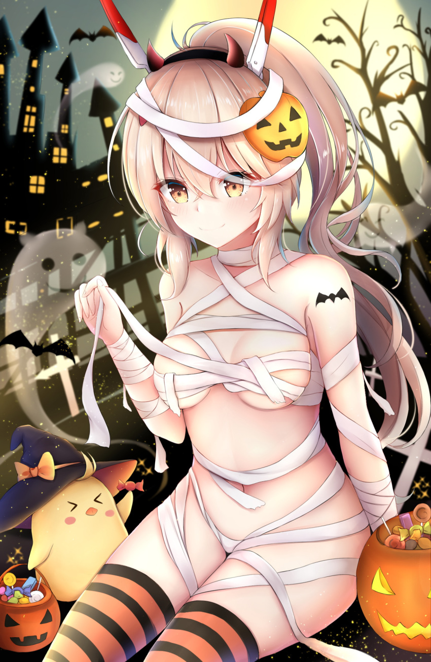 animal ayanami_(azur_lane) azur_lane bandages bangs bare_tree bat bird black_hairband black_hat blurry blurry_background breasts brown_eyes candy candy_wrapper castle chick closed_mouth collarbone demon_horns depth_of_field endsmall_min eyebrows_visible_through_hair fake_horns fingernails food full_moon ghost hair_between_eyes hair_ornament hairband halloween halloween_basket hand_up hat headgear high_ponytail highres horns jack-o'-lantern jack-o'-lantern_hair_ornament light_brown_hair lollipop long_hair medium_breasts moon naked_bandage navel night night_sky outdoors ponytail sitting sky smile solo sparkle striped striped_legwear tower tree very_long_hair witch_hat