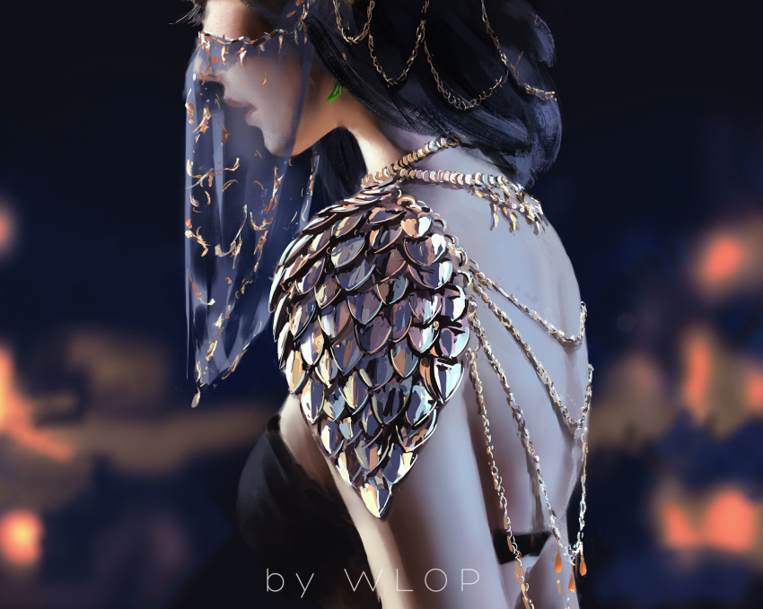 artist_name bare_back black-haired_girl_(wlop) black_hair blurry blurry_background depth_of_field from_side ghostblade hair_over_shoulder head_out_of_frame highres jewelry lips long_hair parted_lips shoulder_armor solo veil wlop