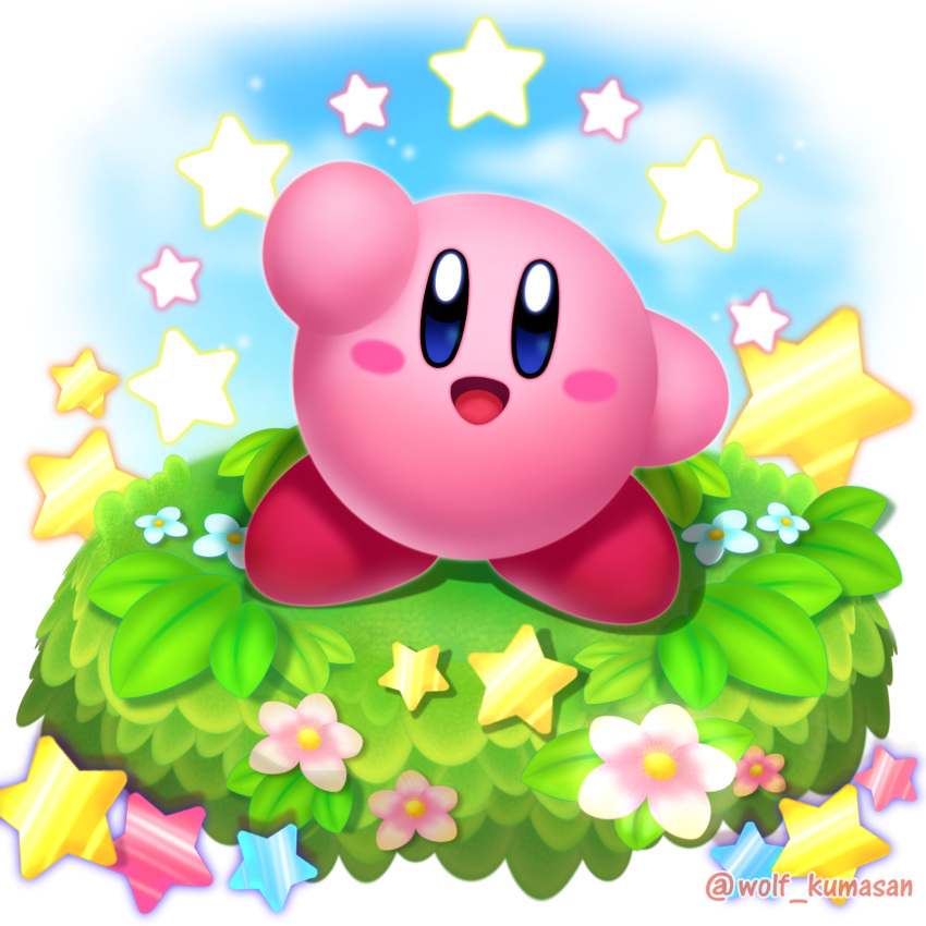 blush_stickers bright_background commentary_request flower gradient gradient_background grass highres kirby kirby_(series) leaf looking_at_viewer ninjya_palette no_humans official_style open_mouth smile solo star twitter_username