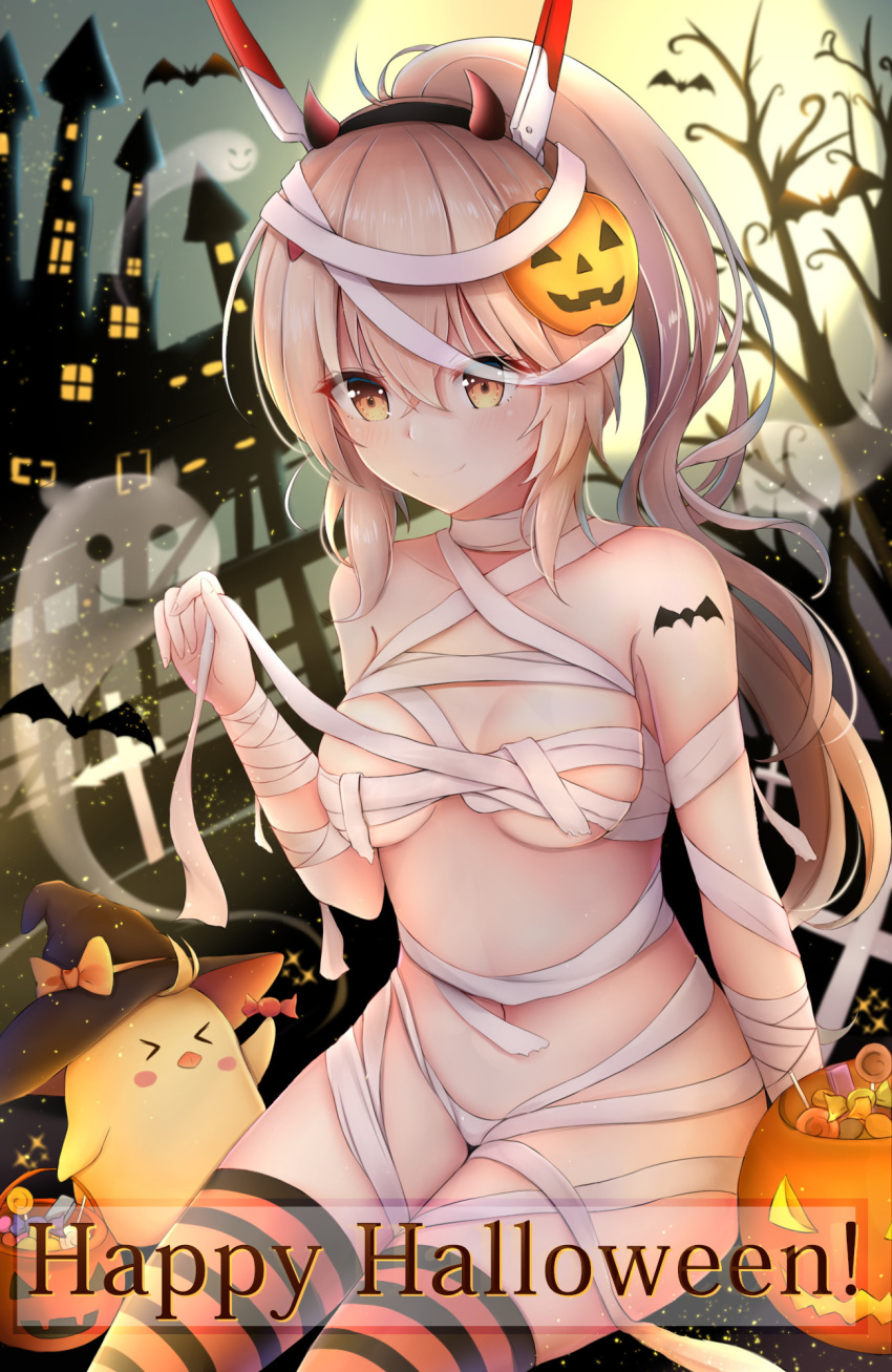 animal ayanami_(azur_lane) azur_lane bandages bangs bare_tree bat bird black_hairband black_hat blurry blurry_background breasts brown_eyes candy candy_wrapper castle chick closed_mouth collarbone demon_horns depth_of_field endsmall_min eyebrows_visible_through_hair fake_horns fingernails food full_moon ghost hair_between_eyes hair_ornament hairband halloween halloween_basket hand_up happy_halloween hat headgear high_ponytail highres horns jack-o'-lantern jack-o'-lantern_hair_ornament light_brown_hair lollipop long_hair medium_breasts moon naked_bandage navel night night_sky outdoors ponytail sitting sky smile solo sparkle striped striped_legwear tower tree very_long_hair witch_hat