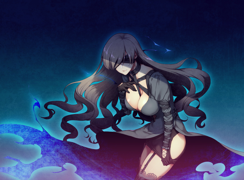 1girl black_dress blindfold blonde_hair blue_background breasts choker cleavage closed_mouth deep_one_(game) dress floating_hair game_cg garter_straps gradient gradient_background hand_on_own_chest highres houmatsu_yoruko large_breasts legs legs_together long_hair miniskirt natsuhiko original simple_background skirt solo thighhighs thighs