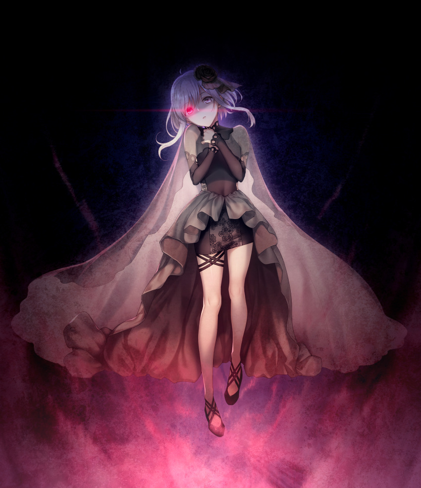 1girl black_dress black_flower black_rose breasts deep_one_(game) dress feet flower full_body game_cg glowing glowing_eyes hair_flower hair_ornament hands_on_own_chest hands_together highres legs long_skirt looking_at_viewer multicolored multicolored_eyes natsuhiko original parted_lips purple_hair rose shoes short_hair simple_background skirt small_breasts solo standing thighs veil yuhara_aki