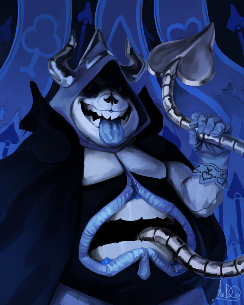 &clubs; &diams; &lt;3 &spades; 2018 5_fingers animated_skeleton anterior_nasal_aperture belly biped black_sclera blue_background blue_theme blue_tongue bone cape clothing cool_colors deltarune demon digital_media_(artwork) digital_painting_(artwork) drag0n-princess evil_grin gloves grey_horn grey_tongue hi_res holding_tongue hood horn horned_humanoid humanoid humanoid_hands king_spade lighting long_tongue looking_at_viewer male moobs not_furry open_mouth open_smile overweight overweight_male shadow sharp_teeth signature simple_background skeleton skull small_pupils smile solo spade_tongue spades standing stomach_mouth suit_symbol teeth tongue tongue_out undead unusual_tongue video_games