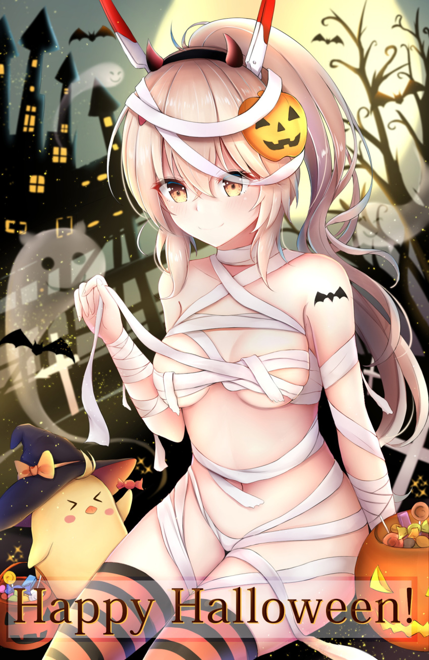 animal ayanami_(azur_lane) azur_lane bandages bangs bare_tree bat bird black_hairband black_hat blurry blurry_background breasts brown_eyes candy candy_wrapper castle chick closed_mouth collarbone commentary_request demon_horns depth_of_field endsmall_min eyebrows_visible_through_hair fake_horns fingernails food full_moon ghost hair_between_eyes hair_ornament hairband halloween halloween_basket hand_up happy_halloween hat headgear high_ponytail highres horns jack-o'-lantern jack-o'-lantern_hair_ornament light_brown_hair lollipop long_hair medium_breasts moon naked_bandage navel night night_sky outdoors ponytail sitting sky smile solo sparkle striped striped_legwear tower tree very_long_hair witch_hat
