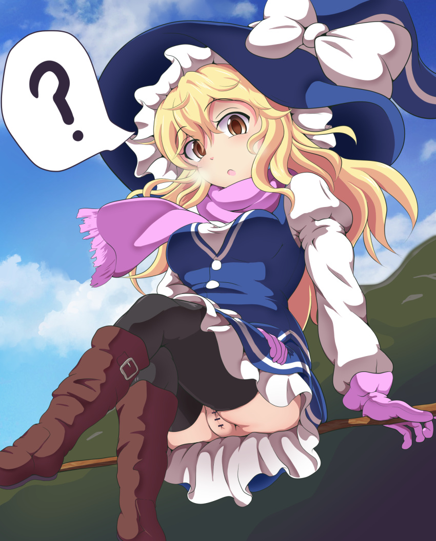 1girl ? ass bar_censor black_legwear blonde_hair blue_dress blue_hat blue_sky blush boots bow breasts broom broom_riding brown_footwear censored cloud cloudy_sky commentary_request day dress flying gloves hair_between_eyes hand_on_own_thigh hat hat_bow highres kirisame_marisa knee_boots legs_crossed long_hair long_sleeves medium_breasts no_panties pink_gloves pink_scarf puffy_long_sleeves puffy_sleeves pussy scarf shirt sky solo spoken_question_mark tendo thighhighs thighs touhou upskirt white_bow white_shirt yellow_eyes