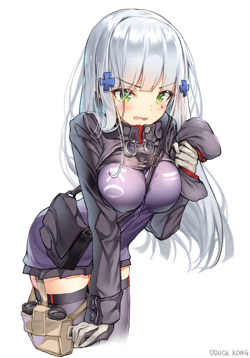 artist_name bangs beret binoculars black_legwear blunt_bangs blush breasts commentary eyebrows_visible_through_hair facial_mark girls_frontline gloves green_eyes hair_ornament hat hat_removed headwear_removed highres hk416_(girls_frontline) holding holding_hat lee_seok_ho long_hair looking_at_viewer medium_breasts open_mouth plaid plaid_skirt silver_hair simple_background skirt solo strap teardrop thighhighs v-shaped_eyebrows very_long_hair white_background