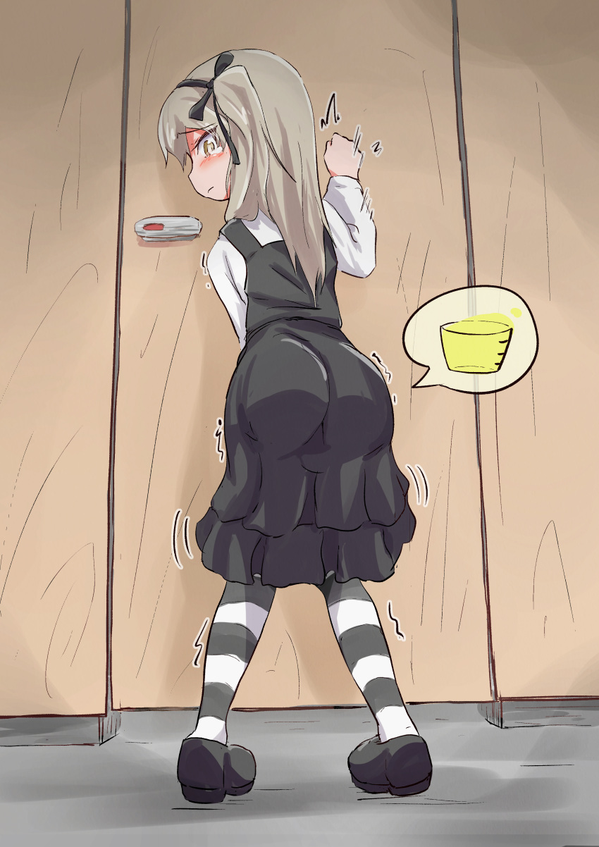 1girl absurdres bangs bathroom black_dress black_legwear black_ribbon blush brown_background closed_mouth door dress embarrassed eyebrows_visible_through_hair female from_behind full_body girls_und_panzer hair_ribbon hand_up have_to_pee highres indoors knocking light_brown_hair long_hair long_sleeves looking_down motion_lines nakamurage pantyhose pigeon-toed profile ribbon shimada_arisu shirt shoes sleeveless sleeveless_dress solo speech_bubble standing striped striped_legwear tears tied_hair toilet_stall trembling urine_meter white_shirt yellow_eyes