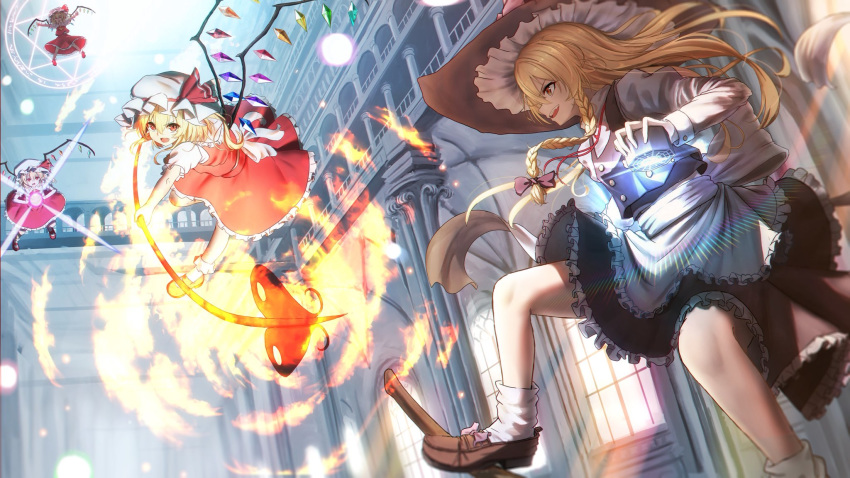 aerial_battle apron architecture arms_up bangs battle black_hat black_skirt black_vest blonde_hair blurry bobby_socks bow braid broom broom_riding broom_surfing brown_bow brown_eyes brown_footwear brown_hat buttons crystal danmaku depth_of_field eyebrows_visible_through_hair fire flandre_scarlet flying four_of_a_kind_(touhou) frilled_skirt frills hair_between_eyes hair_bow hat hat_bow hat_ribbon highres holding indoors kirisame_marisa laevatein loafers long_hair long_sleeves looking_at_another magic_circle mini-hakkero miniskirt mob_cap multiple_girls open_mouth orange_eyes outstretched_arms pentagram pillar puffy_short_sleeves puffy_sleeves purple_bow red_eyes red_hair red_ribbon red_skirt red_vest ribbon shirt shoe_bow shoes short_hair short_sleeves side_braid skirt skirt_set smile socks standing_on_broom teeth teraguchi touhou vest waist_apron white_bow white_hat white_legwear white_shirt window wings witch_hat