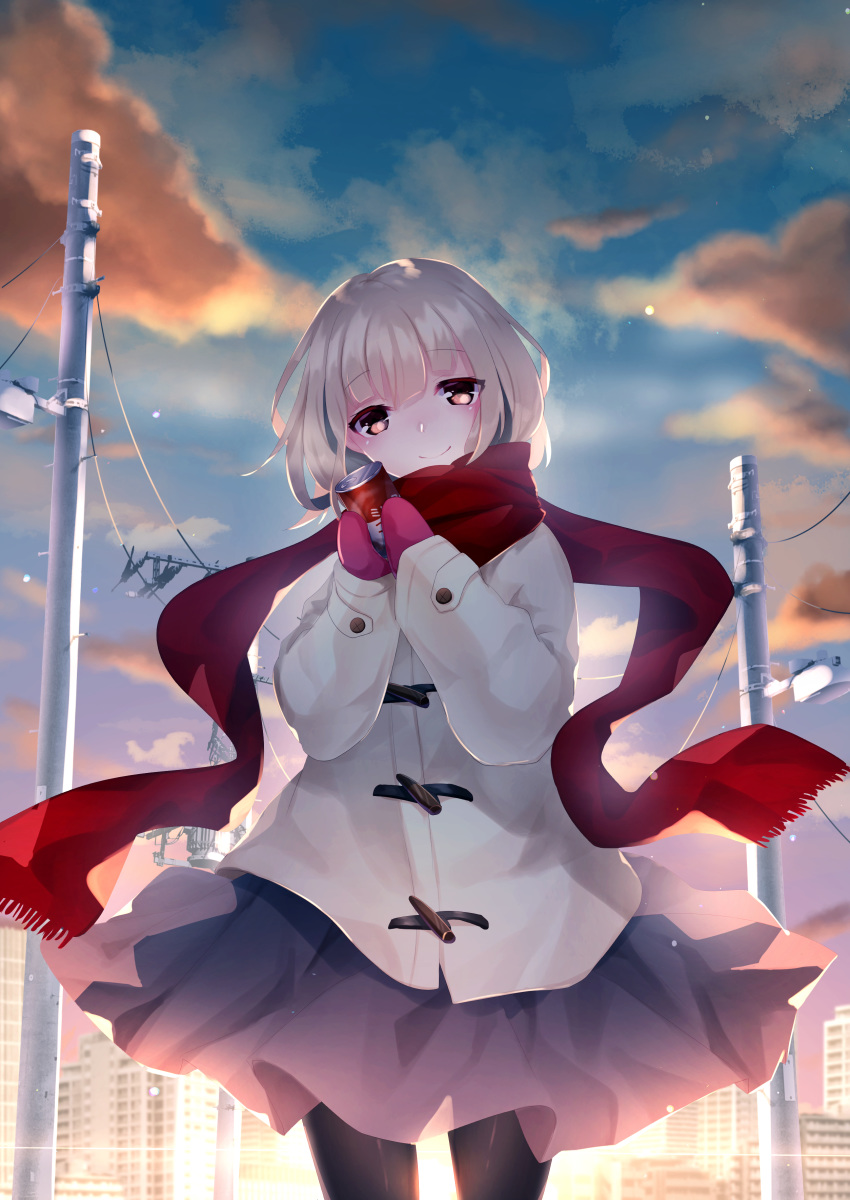 absurdres black_legwear black_skirt blue_sky brown_eyes can cloud coat cola commentary_request highres holding holding_can looking_at_viewer mittens original outdoors pantyhose pink_mittens power_lines red_scarf scarf shinketsu_kanyu skirt sky smile soda_can solo standing sunset white_hair