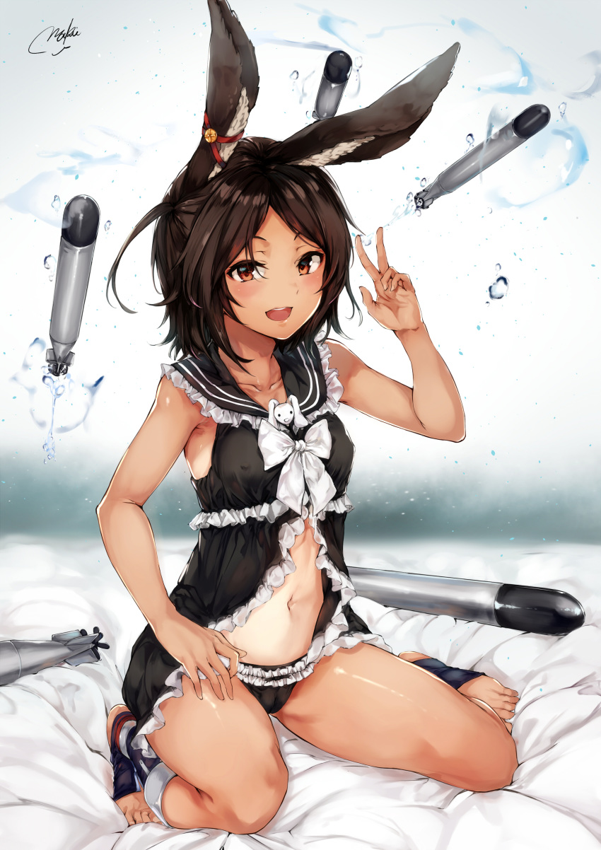 absurdres animal_ears azur_lane bangs barefoot bed_sheet black_panties blush breasts brown_eyes brown_hair bubble commentary_request covered_nipples full_body hand_up highres i-26_(azur_lane) looking_at_viewer maki_(maki_pei) open_mouth panties short_hair sitting small_breasts solo tan tanline toeless_legwear torpedo underwear