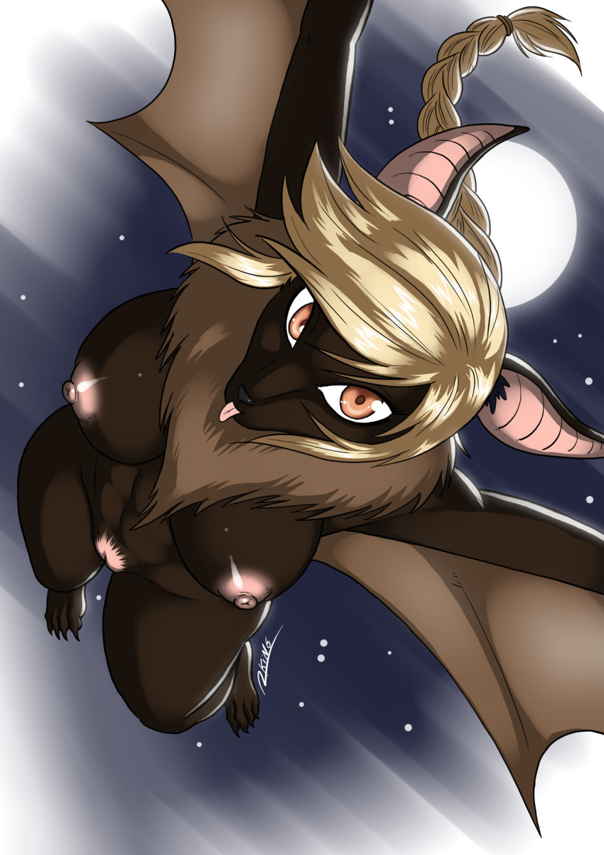 abs anthro bat braided_hair breasts brown_fur detailed_background female flying fur hair looking_at_viewer mammal moon neck_tuft night nipples nude pussy rhinoking short_hair signature sky solo tongue tongue_out tuft