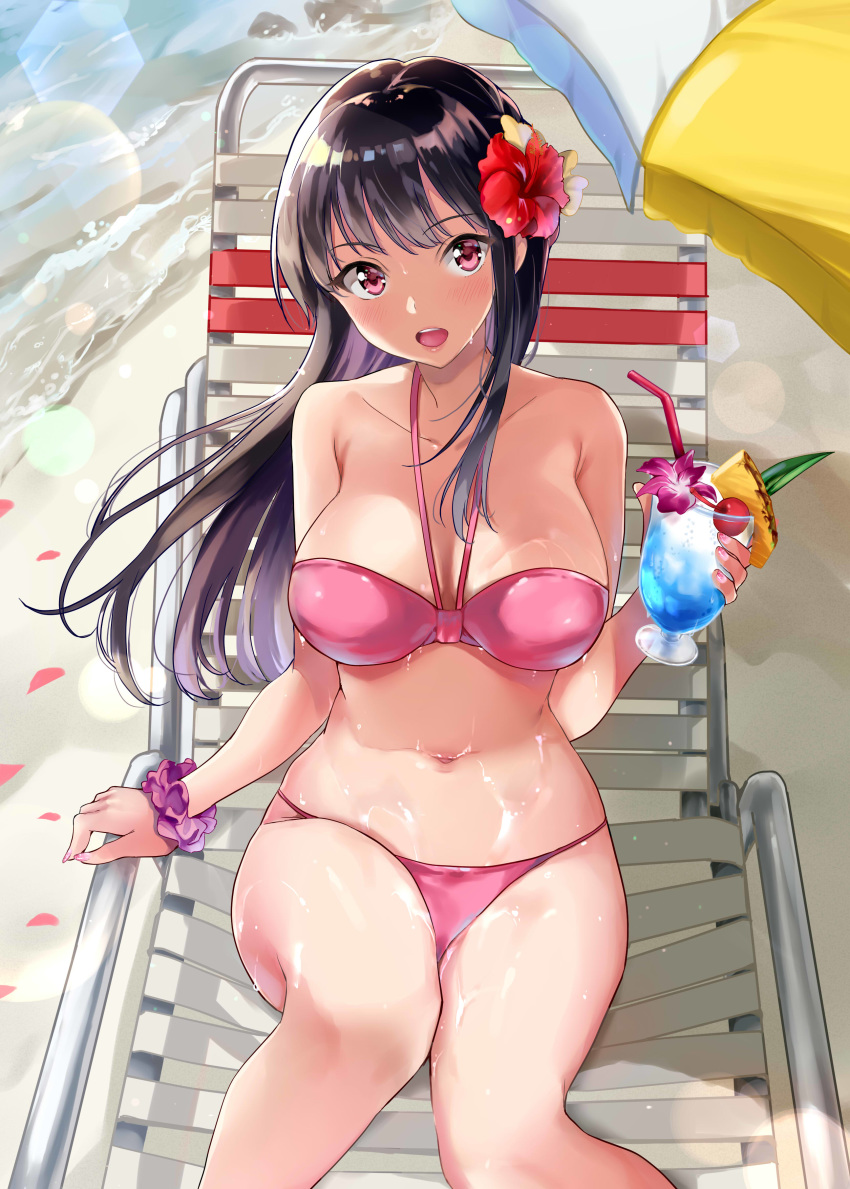 absurdres bangs bare_shoulders beach_chair beach_umbrella bikini black_hair breasts collarbone commentary_request drinking_straw eyebrows_visible_through_hair flower food fruit hair_flower hair_ornament halterneck hibiscus highres holding large_breasts lips long_hair looking_at_viewer maumen navel open_mouth petals pink_bikini purple_eyes shiny shiny_hair shiny_skin sitting smile solo swimsuit toranoana tropical_drink umbrella water