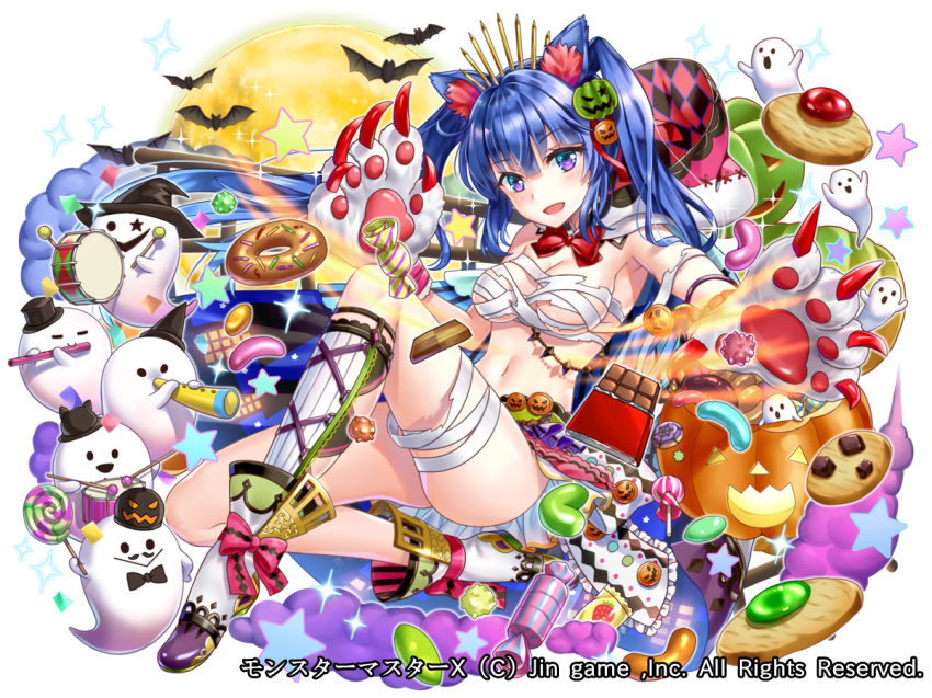 :d animal_ears argyle bandaged_leg bandages bat blue_hair blush bow breasts candy cape cat_ears checkerboard_cookie chocolate_bar chocolate_chip_cookie cookie copyright_name doughnut drum drumsticks fantasy flute food food_themed_hair_ornament full_moon ghost gloves hair_ornament hakuda_tofu halloween halloween_basket hat instrument jack-o'-lantern jack-o'-lantern_hair_ornament jam_cookie jelly_bean knee_up kneehighs konpeitou lollipop long_hair medium_breasts monster_girl monster_master_x moon navel official_art open_mouth outstretched_arm paw_gloves paws pumpkin_hair_ornament purple_eyes red_bow sarashi single_kneehigh skirt smile solo sparkle star swirl_lollipop twintails wrapped_candy