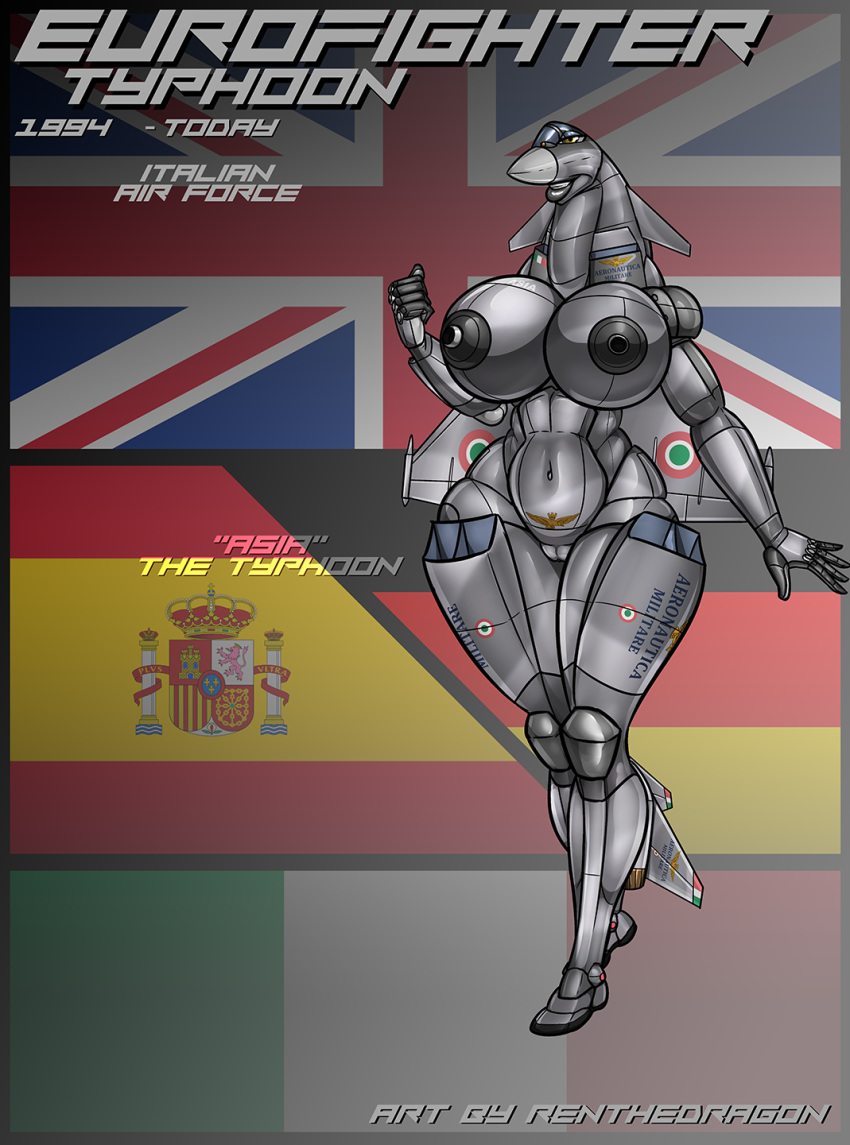 2018 aircraft aircraft_humanoid airplane anthro areola asia_dalla_valle_(firestorm3) big_breasts big_butt bottomless breasts brown_eyes butt clothed clothing digital_media_(artwork) emblem female huge_breasts jet living_aircraft living_machine machine navel nipples not_furry nude pussy renthedragon sign smile solo spain standing thick_thighs voluptuous wide_hips wings