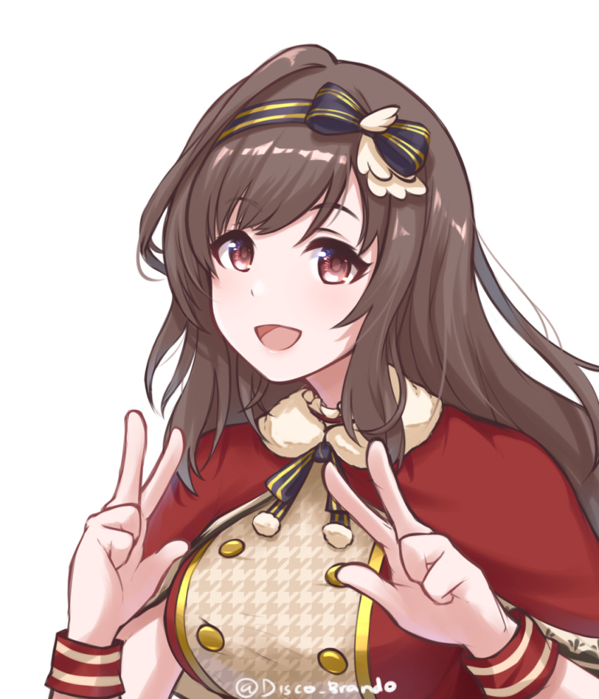 :d artist_name brown_eyes brown_hair commentary disco_brando double-breasted double_w eyebrows_visible_through_hair hair_ornament hair_ribbon highres idolmaster idolmaster_shiny_colors long_hair looking_at_viewer open_mouth ribbon simple_background smile solo tsukioka_kogane twitter_username upper_body w white_background