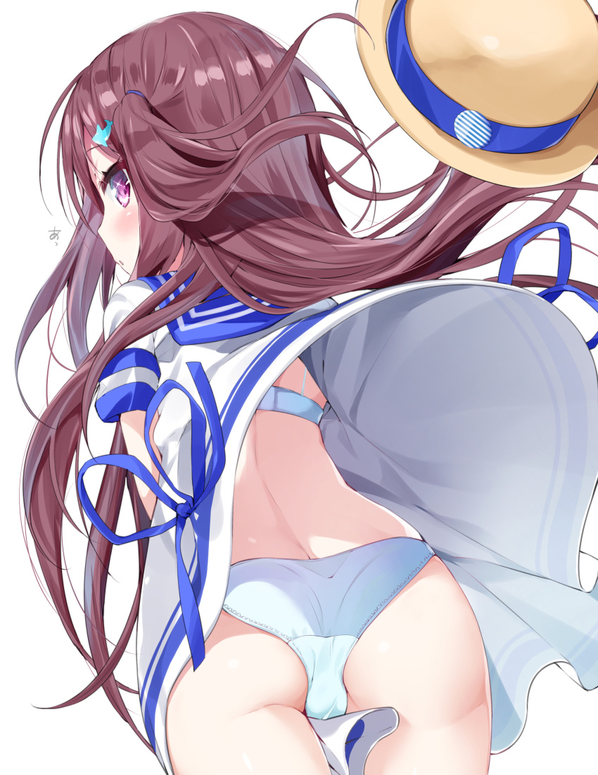 absurdres ass bangs blue_bra blue_panties blue_ribbon blue_sailor_collar blush bra brown_hair commentary_request dolphin_hair_ornament dress dress_lift extended_upskirt eyebrows_visible_through_hair hair_ornament hair_tie hat hat_removed headwear_removed highres kamioka_shun'ya long_hair looking_at_viewer looking_back one_side_up original panties parted_lips profile purple_eyes ribbon sailor_collar sailor_dress short_sleeves simple_background solo underwear very_long_hair white_background white_dress wind wind_lift